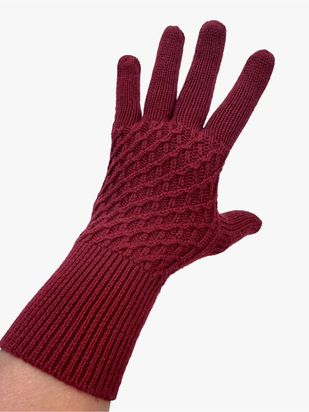 Brooks Brothers Merino Wool Knit Gloves Burgundy Textured Long Cuff One Size